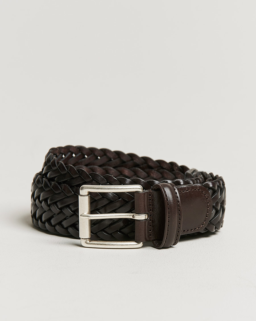 Men | Belts | Anderson's | Woven Leather 3,5 cm Belt Dark Brown