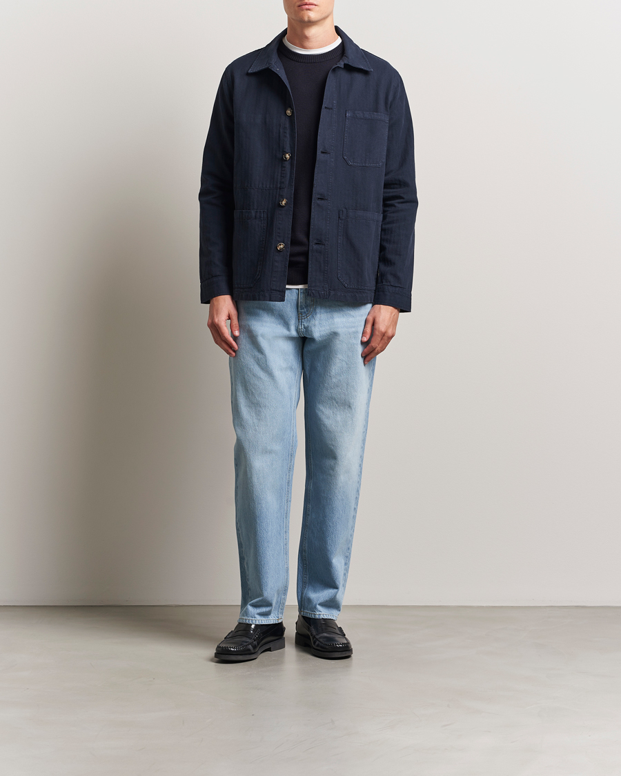 Men | Shirts | A Day's March | Herringbone Overshirt Navy