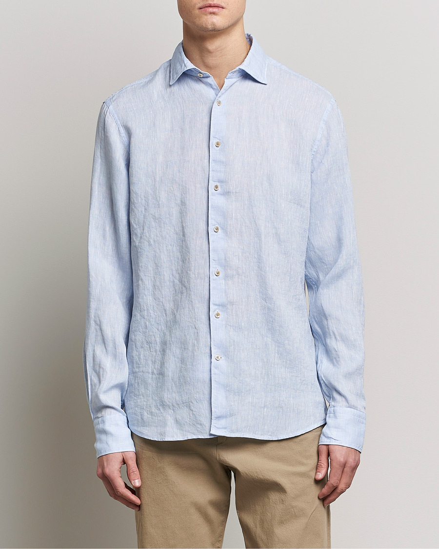 Men | Shirts | Stenströms | Fitted Body Cut Away Linen Shirt Light Blue