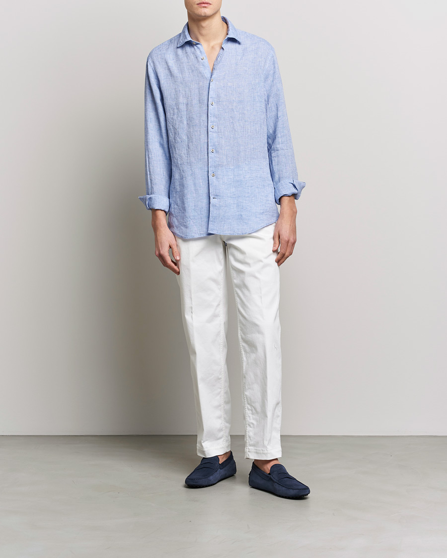Men | Shirts | Stenströms | Fitted Body Cut Away Linen Shirt Blue