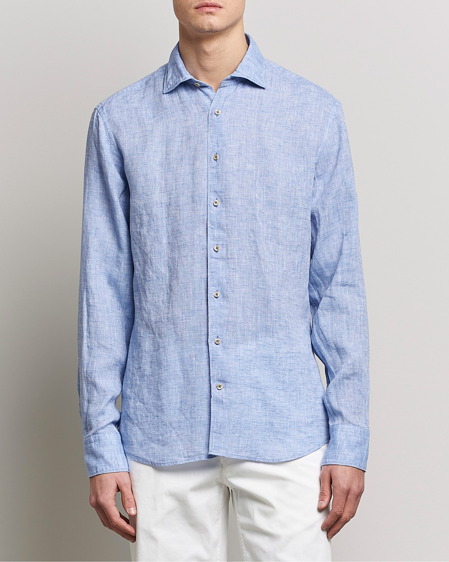Men | Shirts | Stenströms | Fitted Body Cut Away Linen Shirt Blue