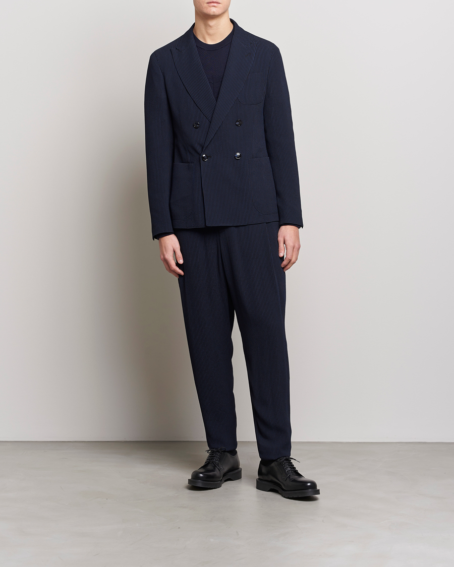 Men | Blazers | Giorgio Armani | Double Breasted Seersucker Blazer Navy