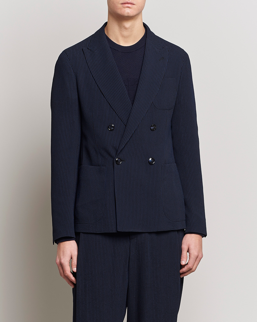 Men | Blazers | Giorgio Armani | Double Breasted Seersucker Blazer Navy