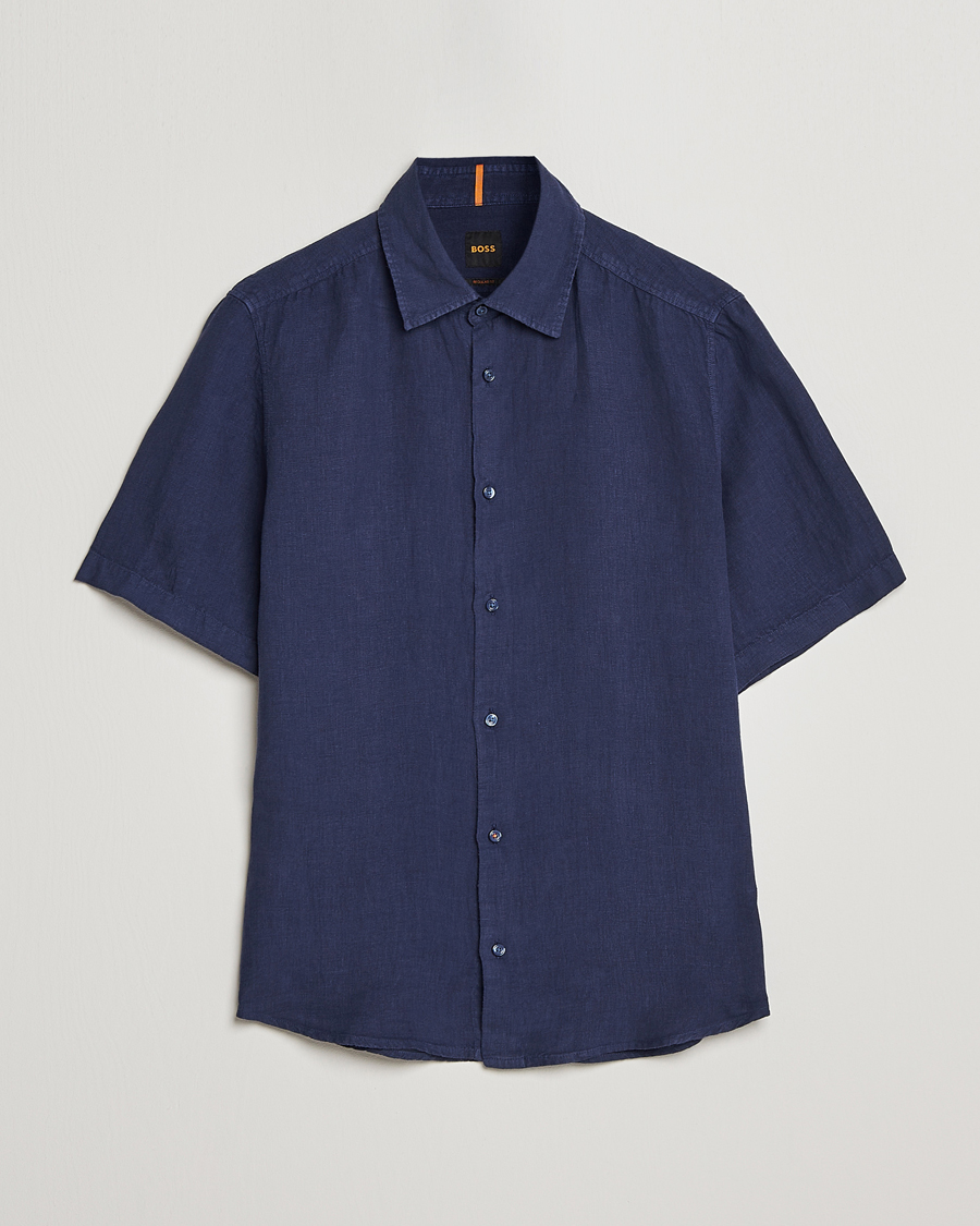 Men | Shirts | BOSS ORANGE | Rash Linen Short Sleeve Shirt Navy