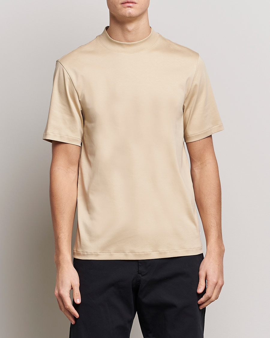 Men | T-Shirts | J.Lindeberg | Ace Mock Neck Mercerized Cotton T-Shirt Safari Beige