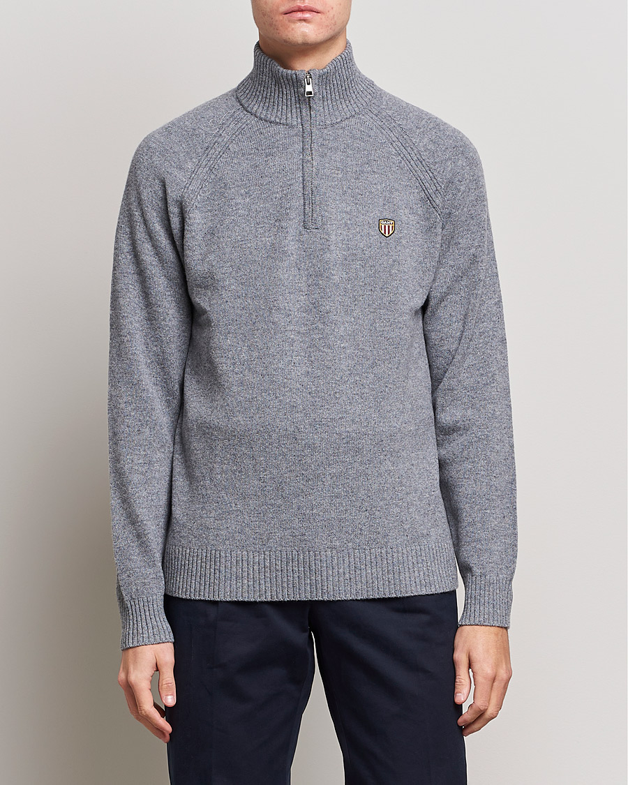 Men | Sweaters & Knitwear | GANT | Banner Shield Lambswool Half Zip Dark Grey Melange