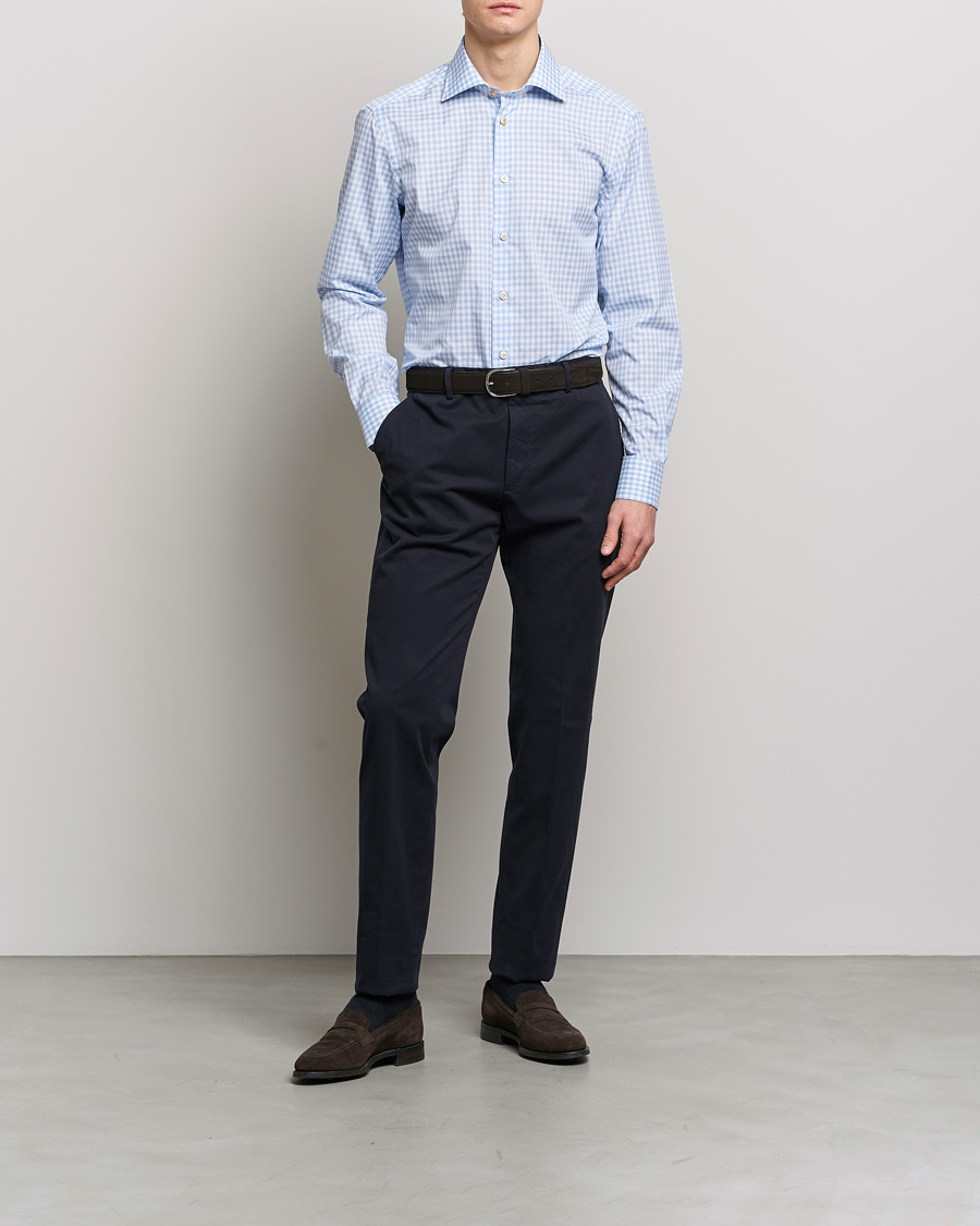 Men | Shirts | Kiton | Slim Fit Checked Dress Shirt Light Blue