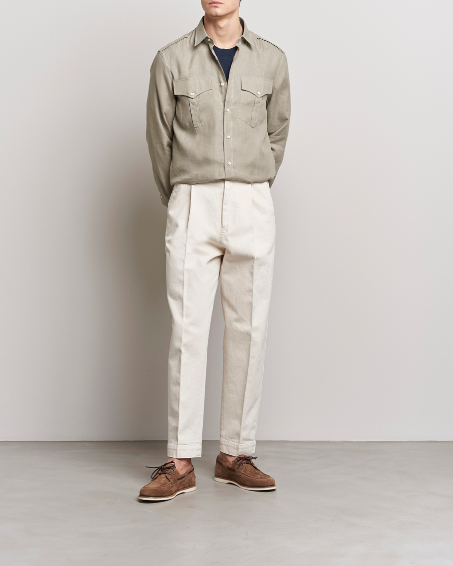 Brunello Cucinelli Linen Canapa Safari Shirt Olive at CareOfCarl.com