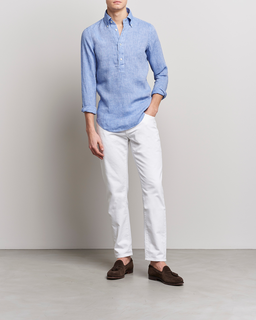 Finamore Napoli Miami Linen Popover Shirt Dark Blue at CareOfCarl.com