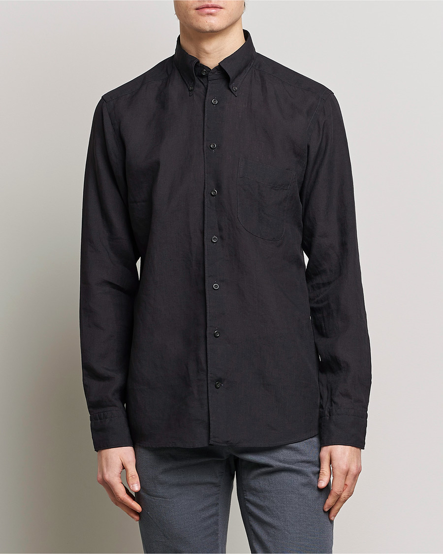 Men | Shirts | Eton | Slim Fit Linen Button Down Shirt Black