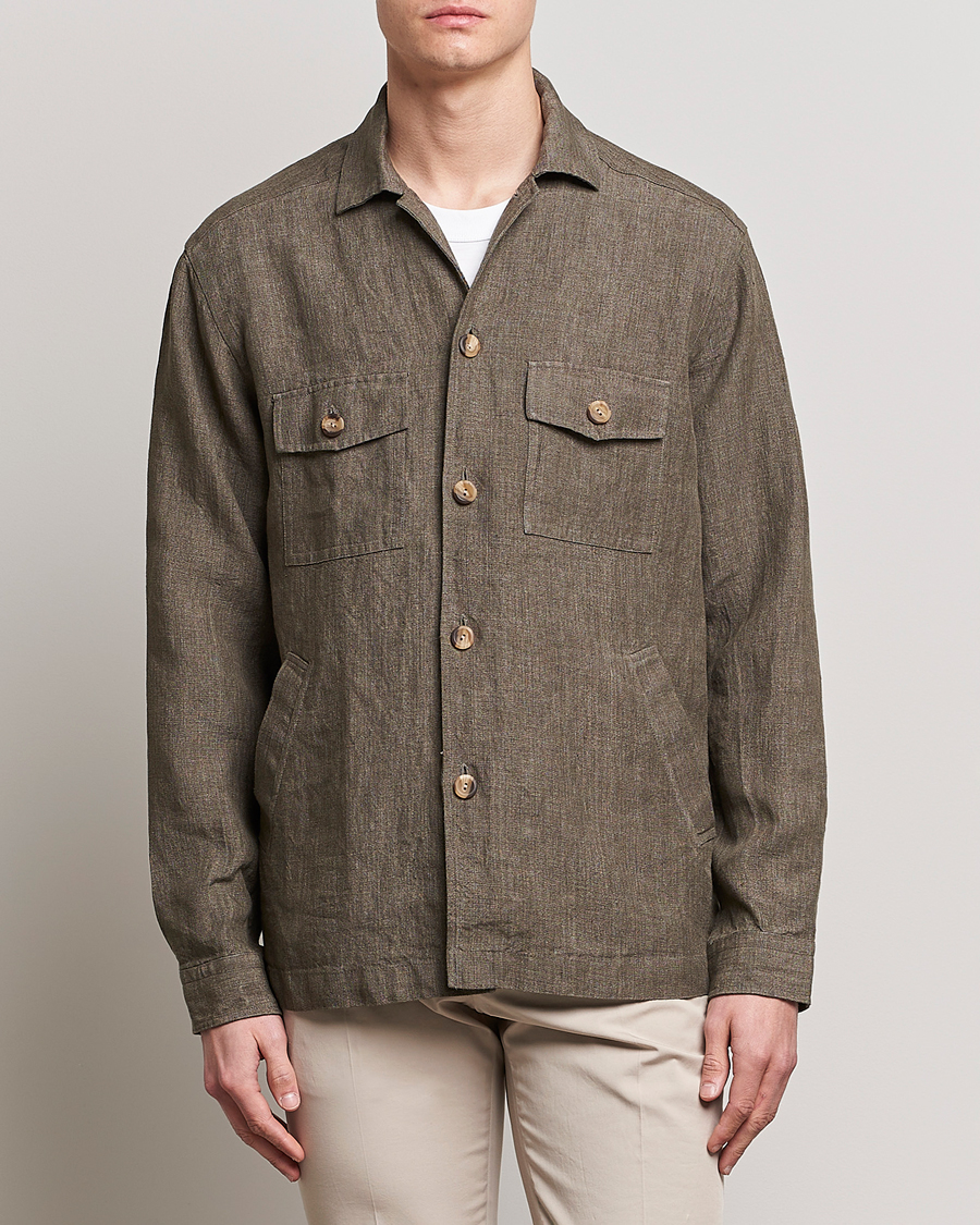 Men | Shirts | Eton | Linen Twill Overshirt Dark Green