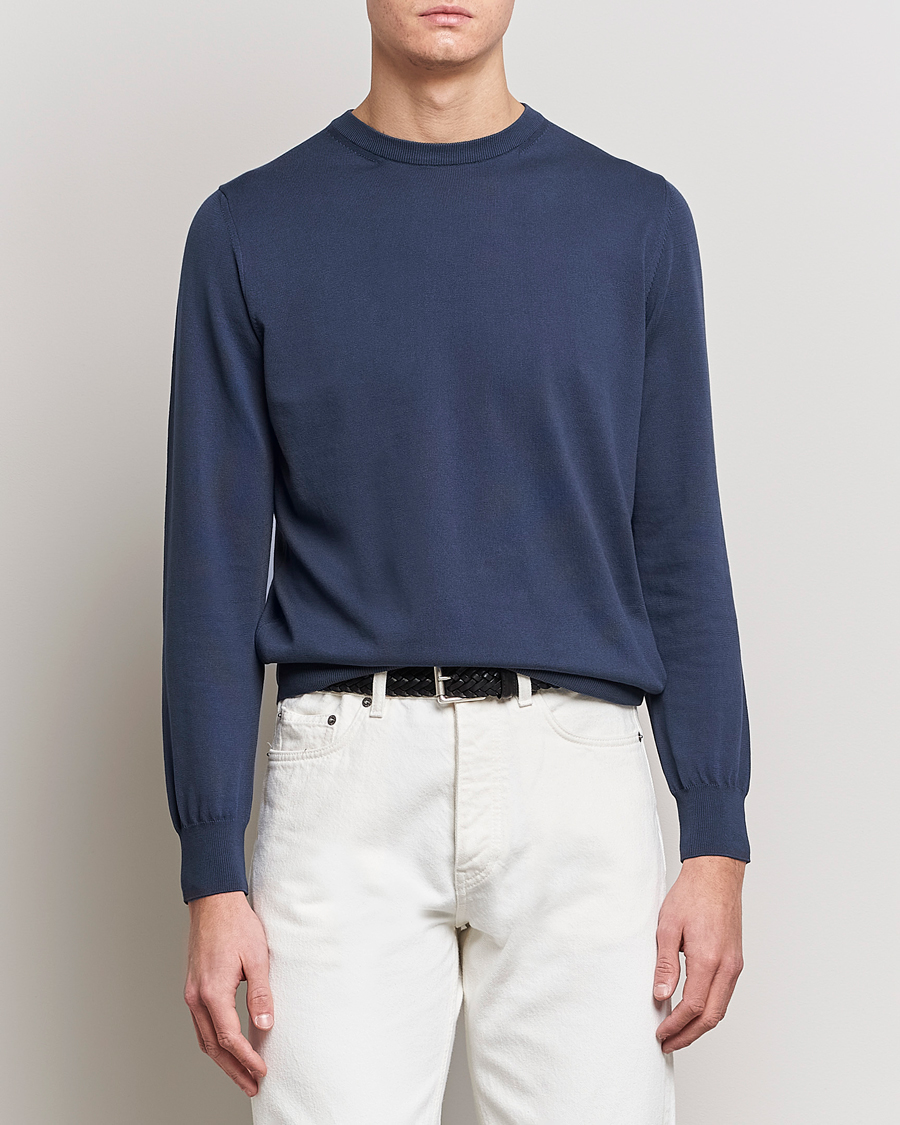 Men | Sweaters & Knitwear | Canali | Cotton Crew Neck Pullover Steel Blue