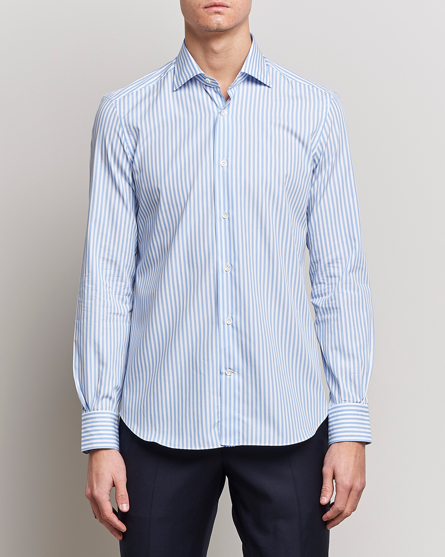 Men | Shirts | Mazzarelli | Soft Cotton Cut Away Shirt Blue Stripe