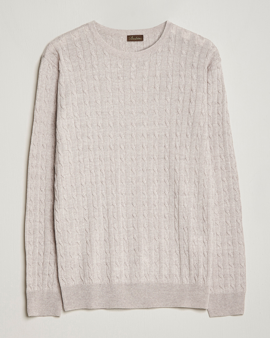 Men | Sweaters & Knitwear | Stenströms | Merino Cable Crew Neck Beige