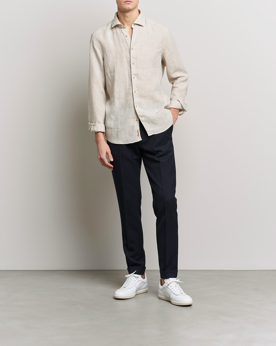 Men | Shirts | Stenströms | Slimline Cut Away Linen Shirt Beige