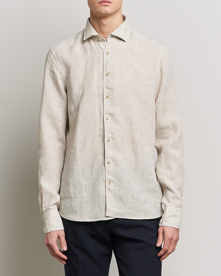 Men | Shirts | Stenströms | Slimline Cut Away Linen Shirt Beige