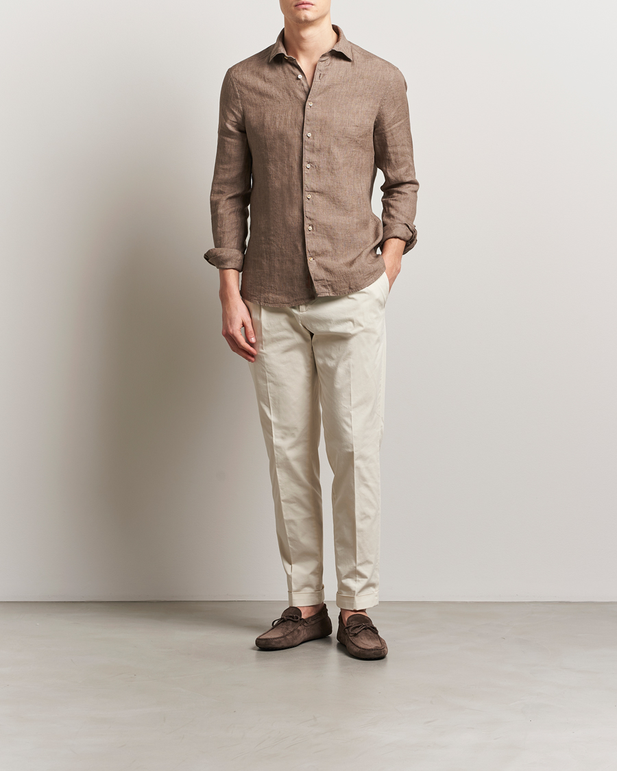 Men | Shirts | Stenströms | Slimline Cut Away Linen Shirt Brown