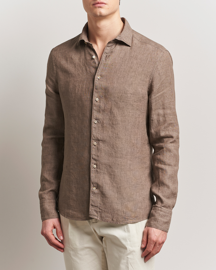 Men | Shirts | Stenströms | Slimline Cut Away Linen Shirt Brown