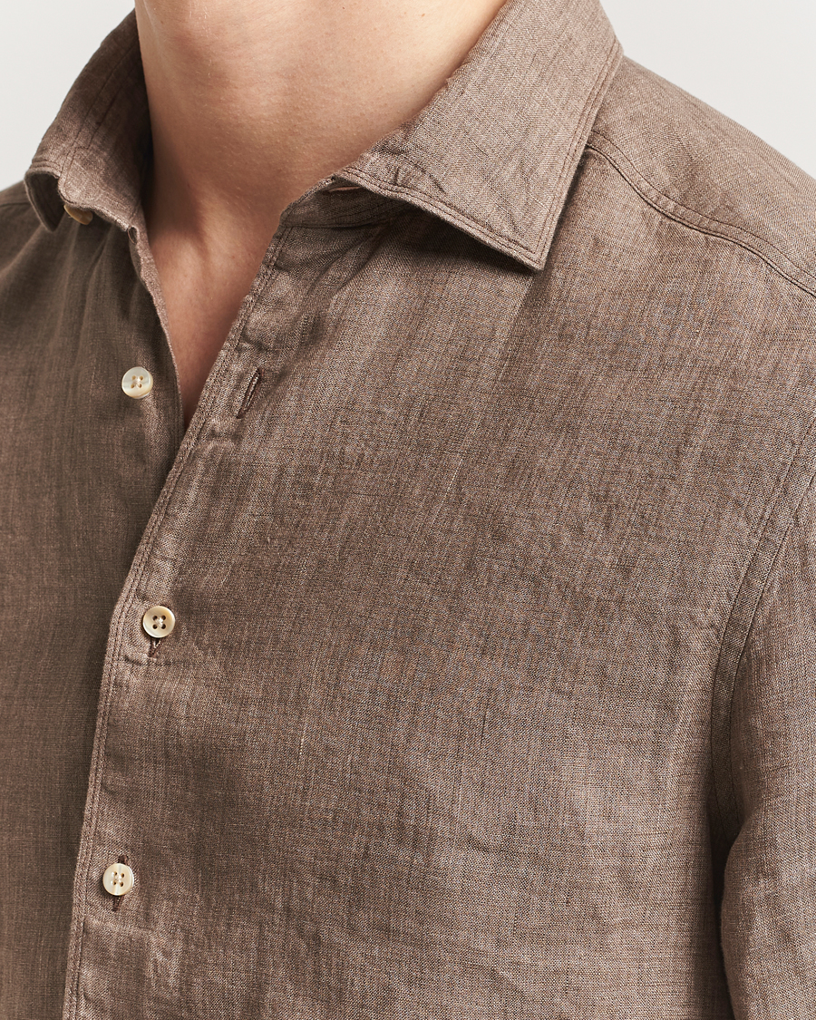 Men | Shirts | Stenströms | Slimline Cut Away Linen Shirt Brown