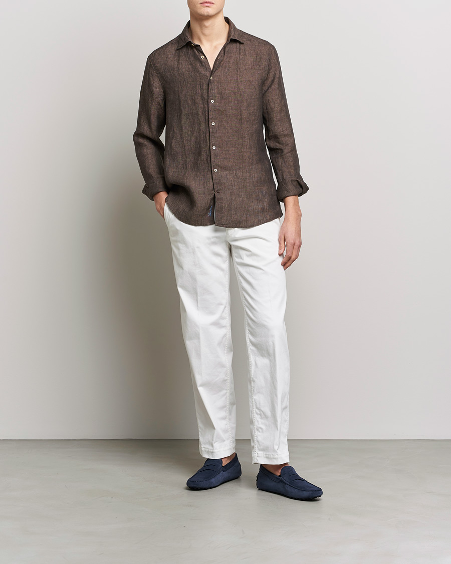 Men | Shirts | Stenströms | Slimline Cut Away Linen Shirt Dark Brown