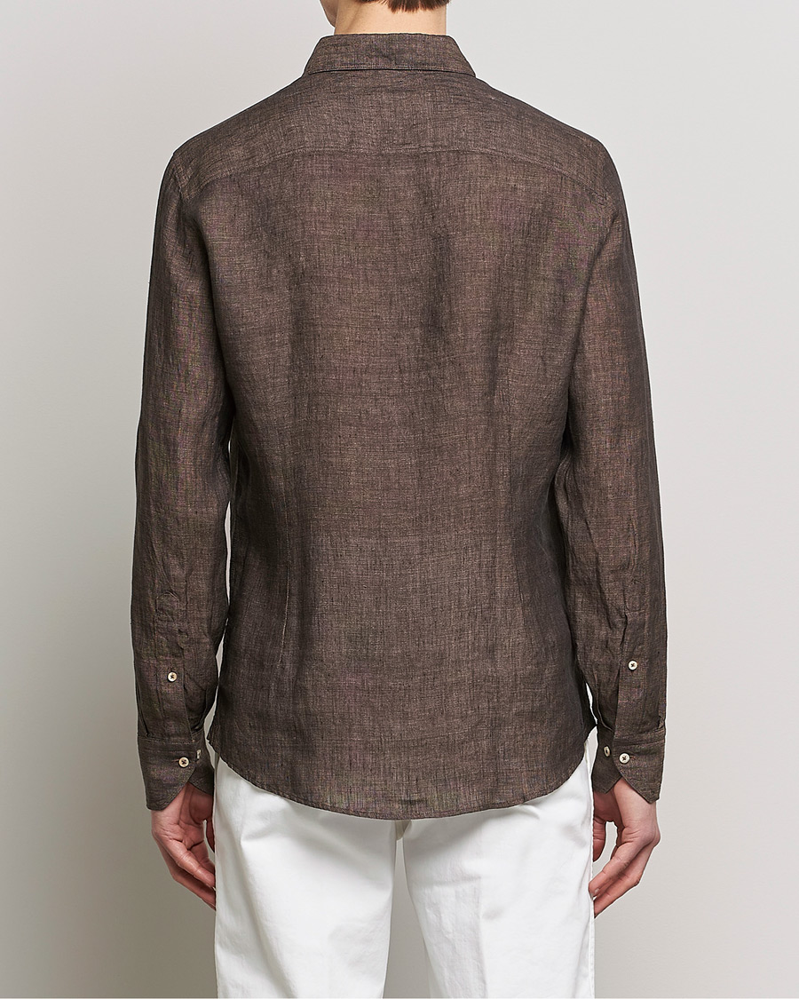 Men | Shirts | Stenströms | Slimline Cut Away Linen Shirt Dark Brown