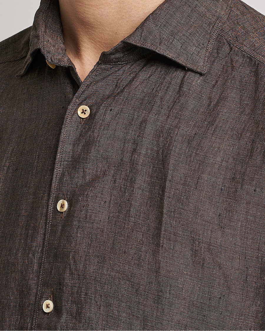 Men | Shirts | Stenströms | Slimline Cut Away Linen Shirt Dark Brown