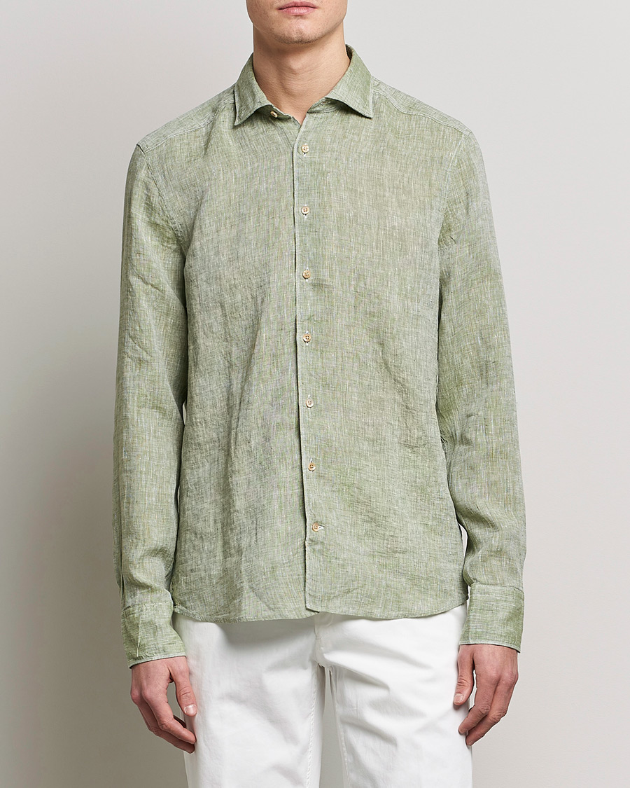 Men | Shirts | Stenströms | Slimline Cut Away Linen Shirt Green