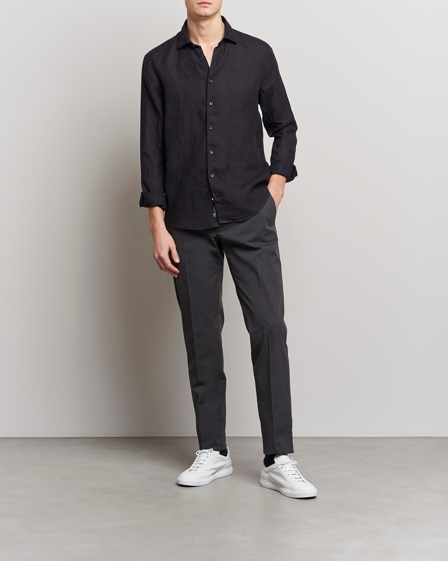 Men | Shirts | Stenströms | Slimline Cut Away Linen Shirt Black