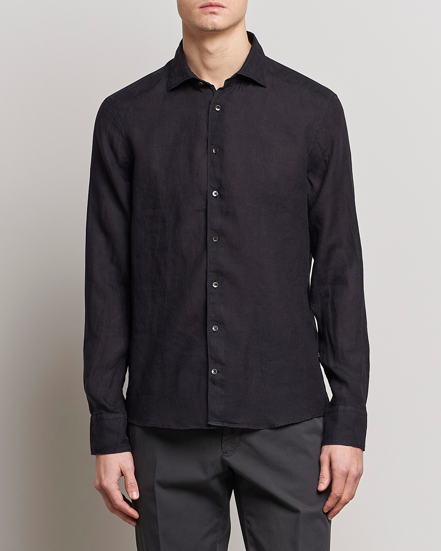 Men | Shirts | Stenströms | Slimline Cut Away Linen Shirt Black