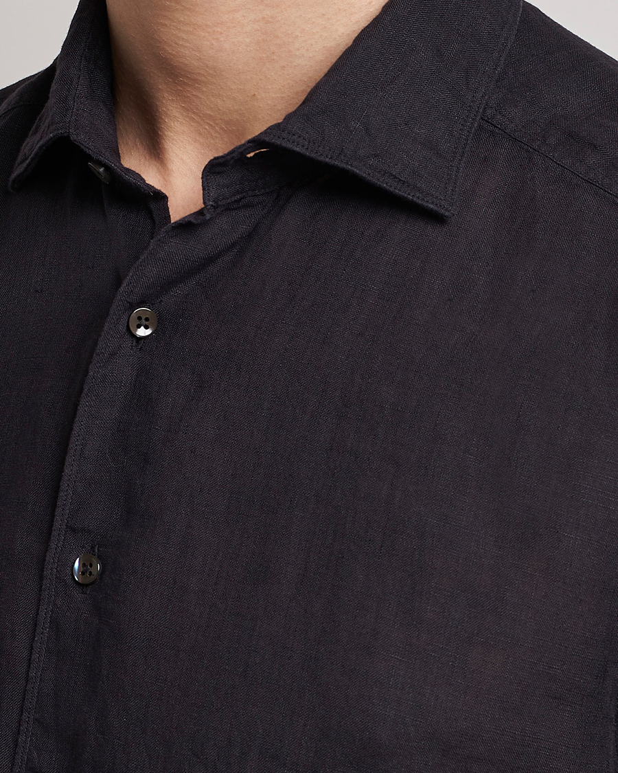 Men | Shirts | Stenströms | Slimline Cut Away Linen Shirt Black