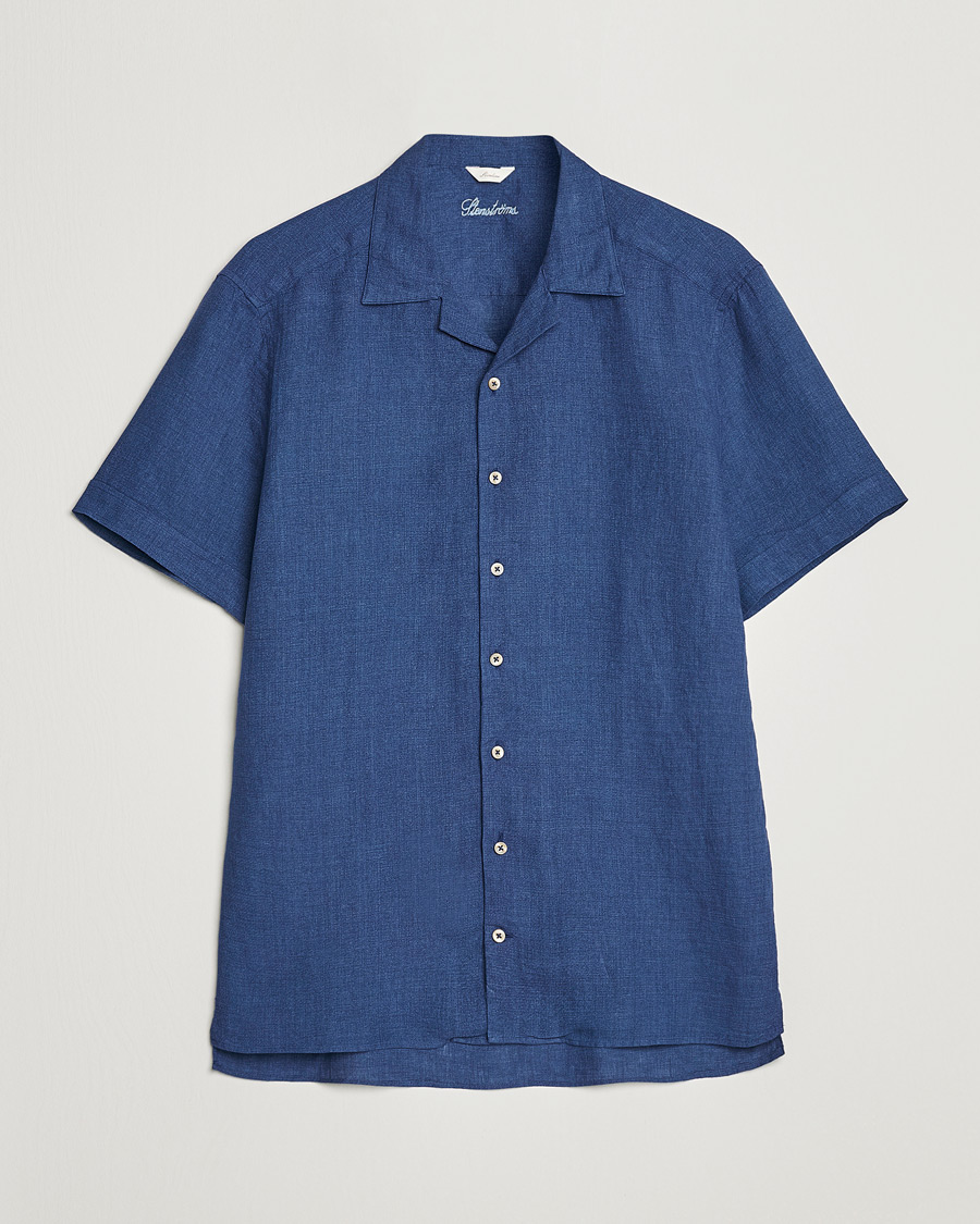 Men | Shirts | Stenströms | Slimline Short Sleeve Resort Linen Shirt Blue