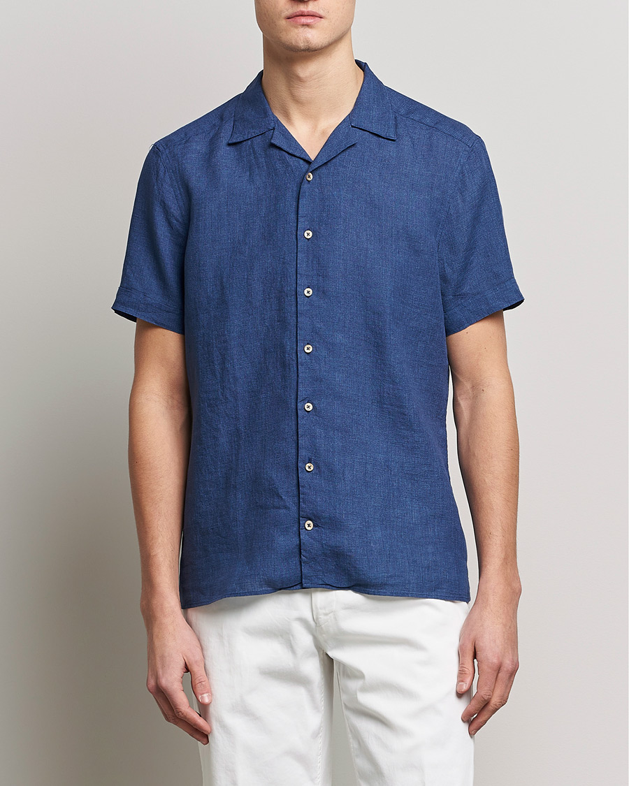 Men | Shirts | Stenströms | Slimline Short Sleeve Resort Linen Shirt Blue