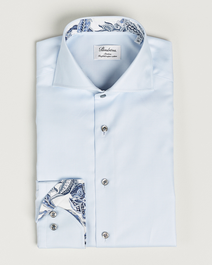 Men | Shirts | Stenströms | Slimline Houndstooth Contrast Shirt Blue