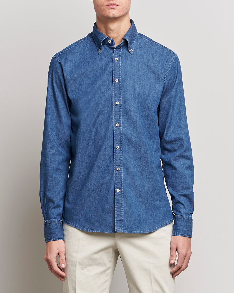 Men | Shirts | Stenströms | Fitted Body Button Down Garment Washed Shirt Mid Blue Denim