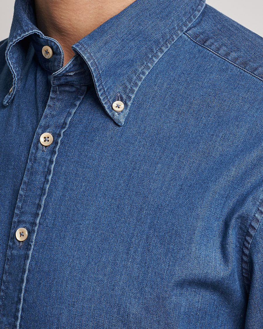 Men | Shirts | Stenströms | Fitted Body Button Down Garment Washed Shirt Mid Blue Denim