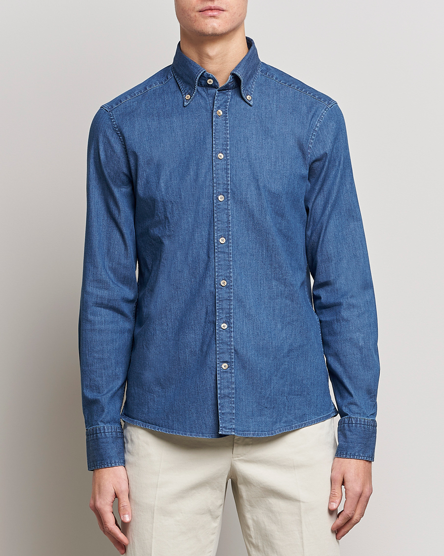 Men | Shirts | Stenströms | Slimline Button Down Garment Washed Shirt Mid Blue Denim