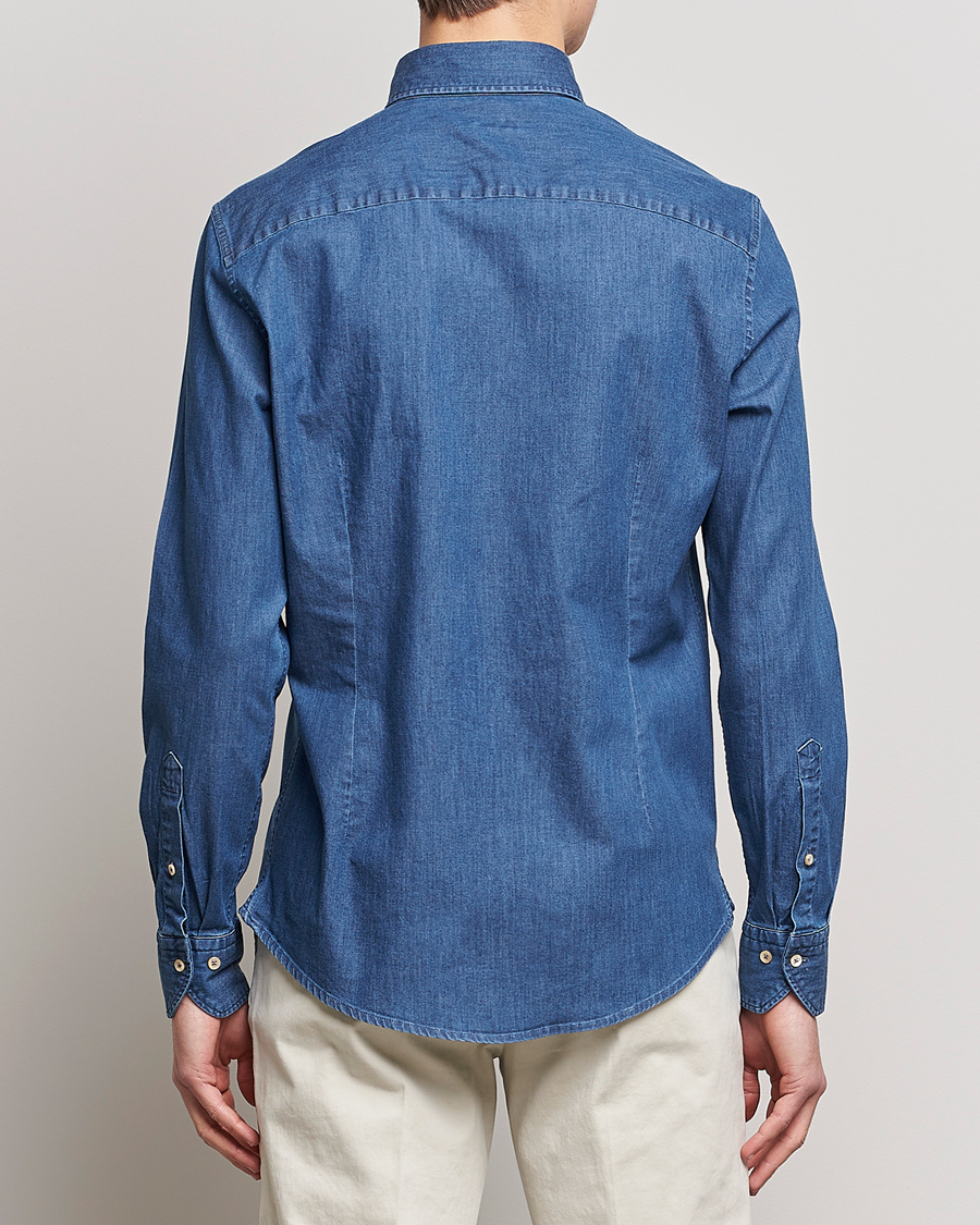 Men | Shirts | Stenströms | Slimline Button Down Garment Washed Shirt Mid Blue Denim