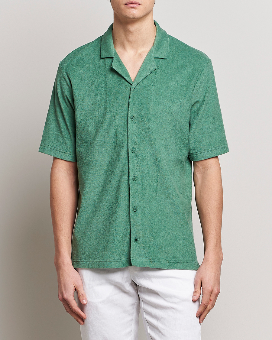Men | Shirts | Sunspel | Towelling Camp Collar Shirt Thyme Green