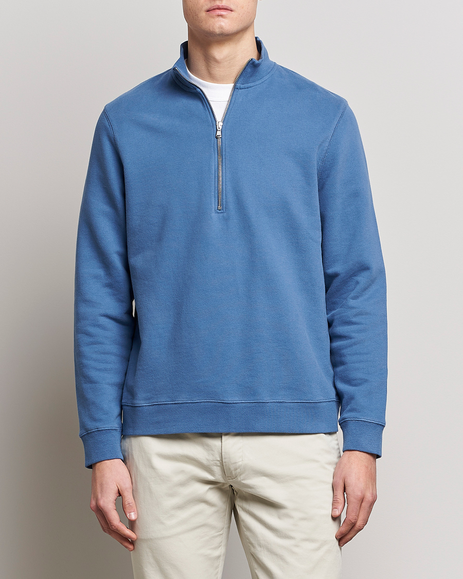 Men | Sweaters & Knitwear | Sunspel | Loopback Half Zip Sweatshirt Blue Stone