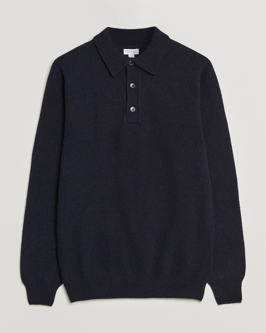 Men | Sweaters & Knitwear | Sunspel | Lambswool Poloshirt Dark Navy