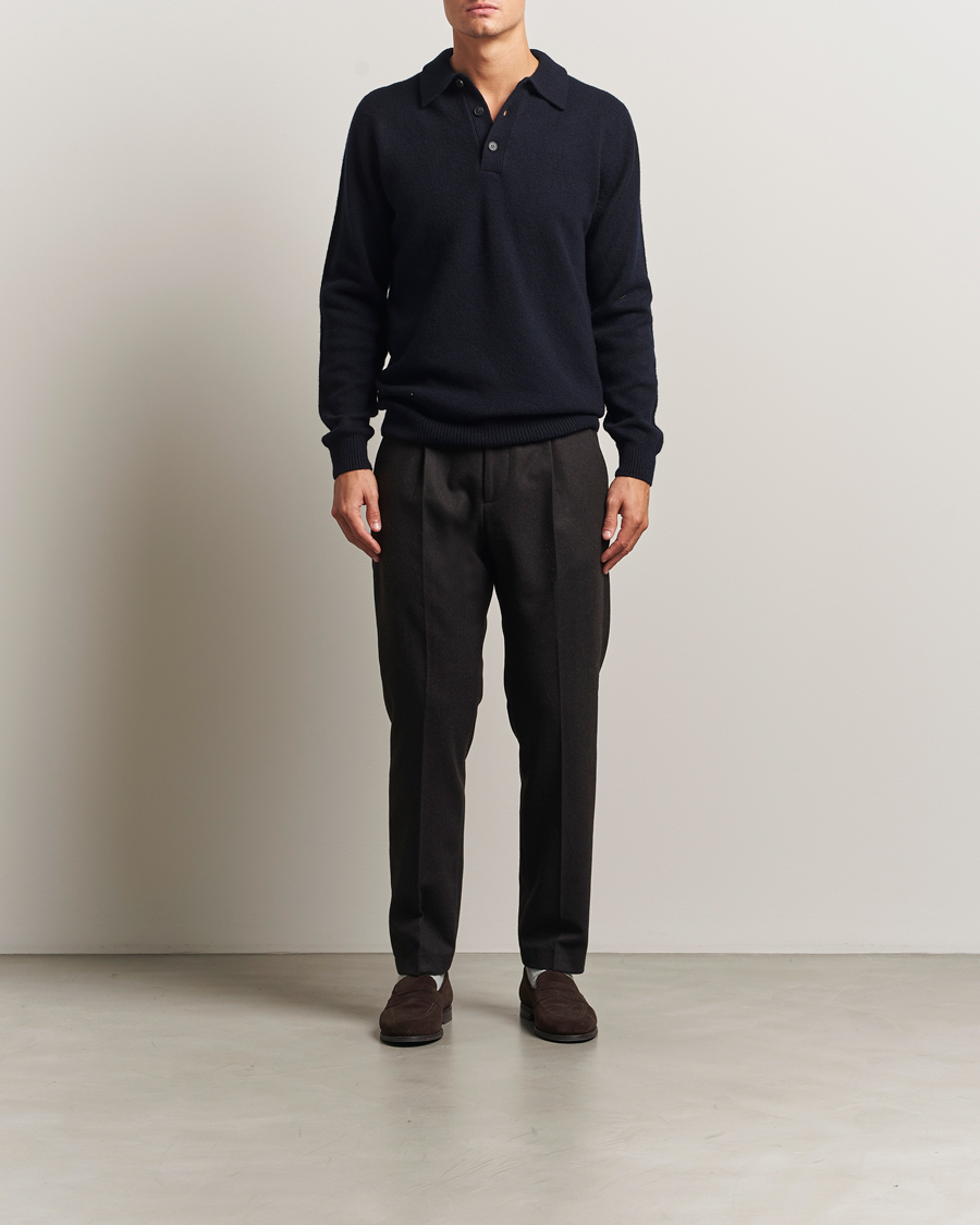 Men | Sweaters & Knitwear | Sunspel | Lambswool Poloshirt Dark Navy