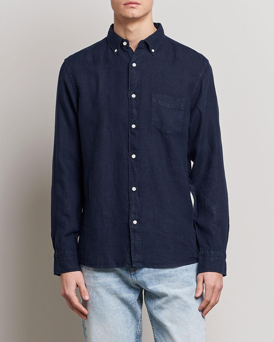 Men | Shirts | GANT | Regular Fit Garment Dyed Linen Shirt Marine