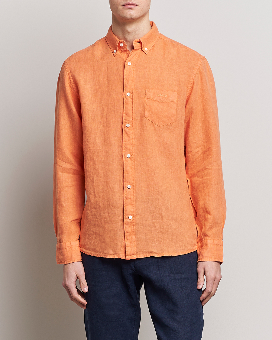 Men | Shirts | GANT | Regular Fit Garment Dyed Linen Shirt Apricot Orange