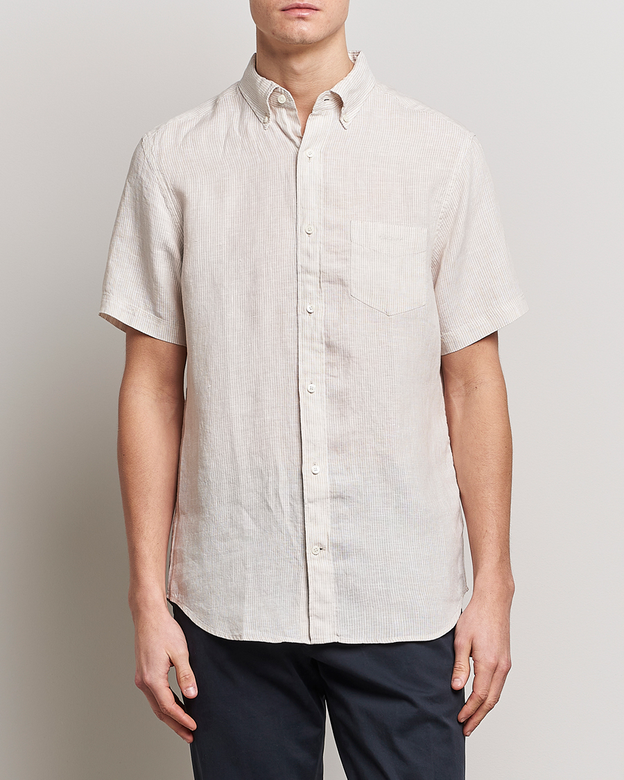 Men | Shirts | GANT | Regular Fit Striped Linen Short Sleeve Shirt Dry Sand