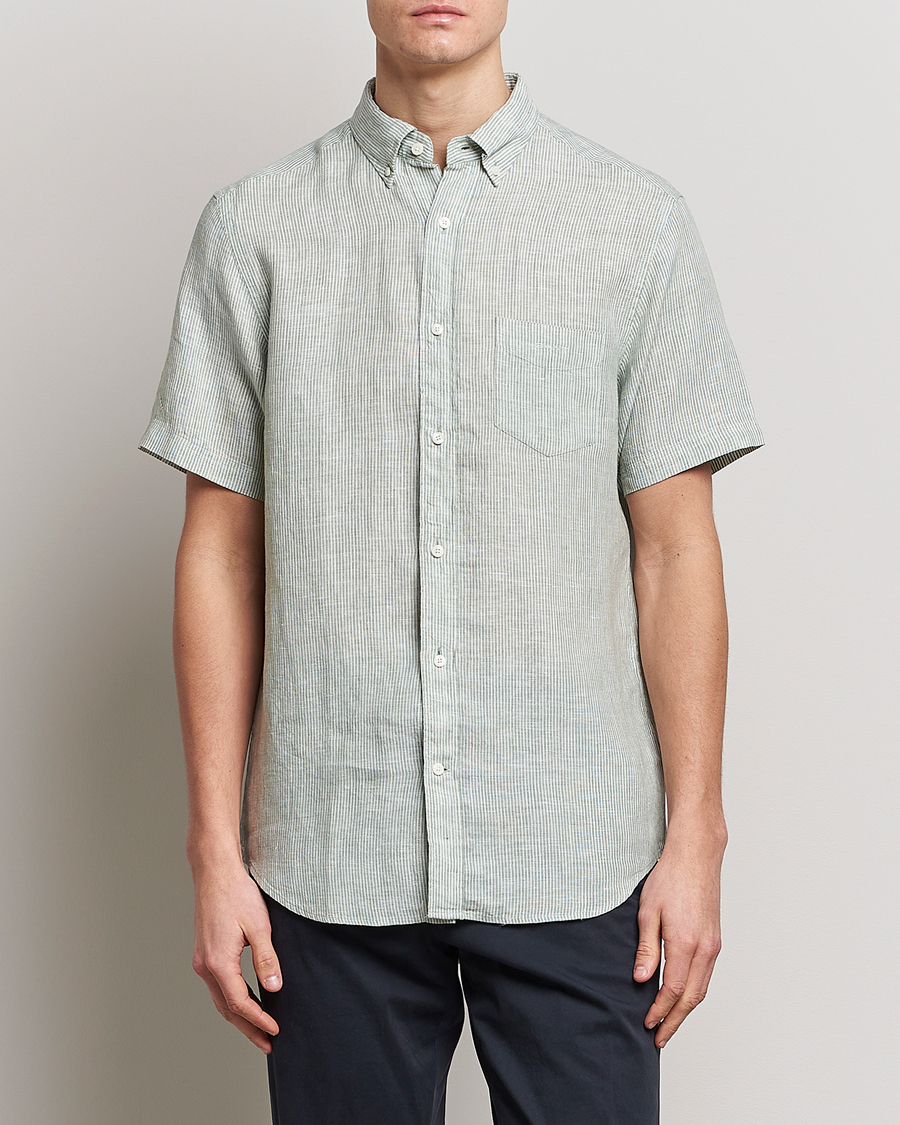 Men | Shirts | GANT | Regular Fit Striped Linen Short Sleeve Shirt Calamata Green