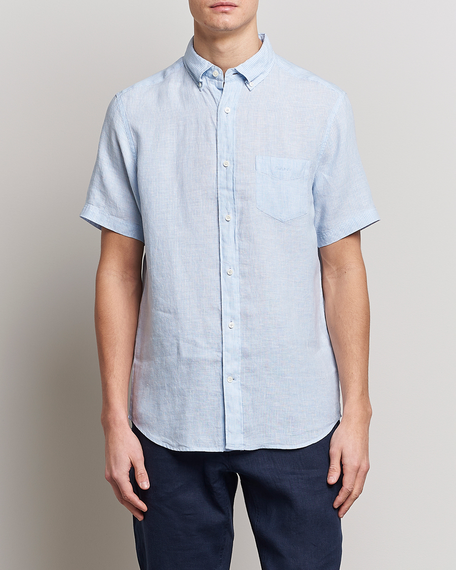 Men | Shirts | GANT | Regular Fit Striped Linen Short Sleeve Shirt Capri Blue