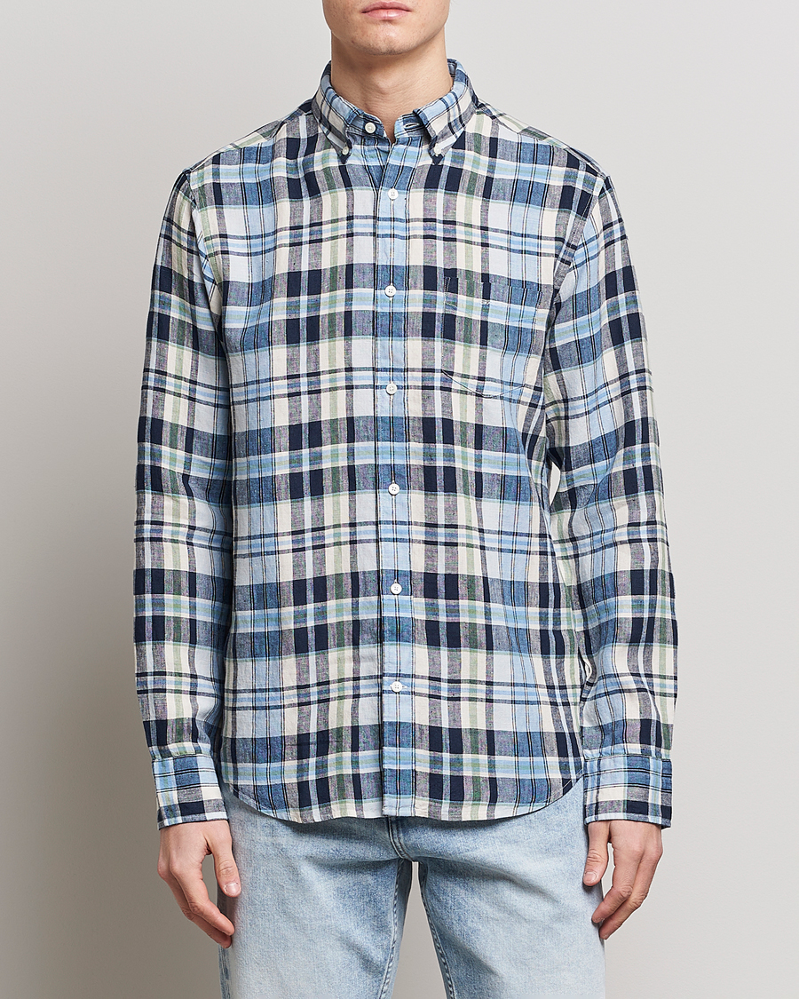 Men | Shirts | GANT | Regular Fit Linen Madras Checked Shirt Marine Multi