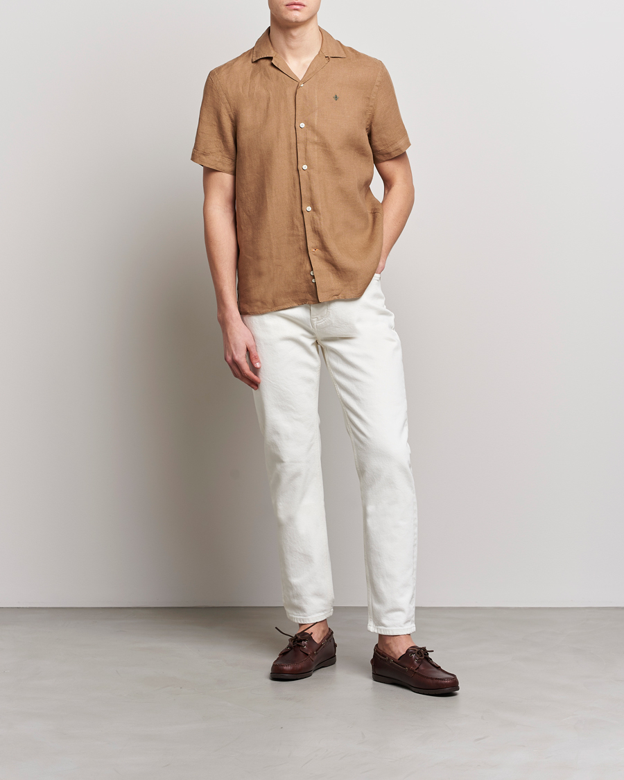 Men | Shirts | Morris | Douglas Linen Short Sleeve Shirt Khaki Brown