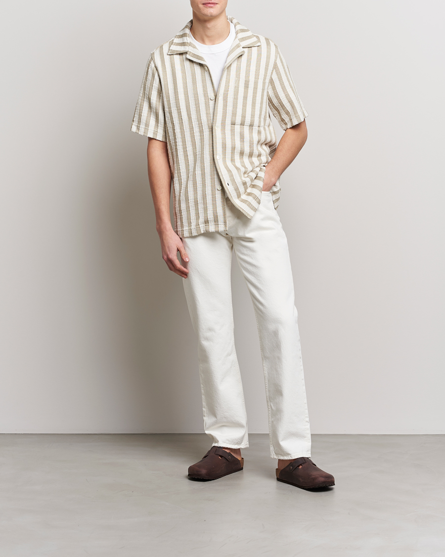 Men | Shirts | NN07 | Julio Knitted Striped Resort Collar Shirt Green/White