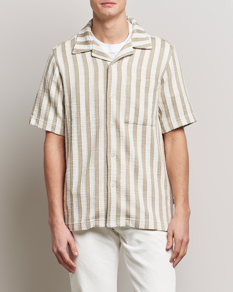 Men | Shirts | NN07 | Julio Knitted Striped Resort Collar Shirt Green/White